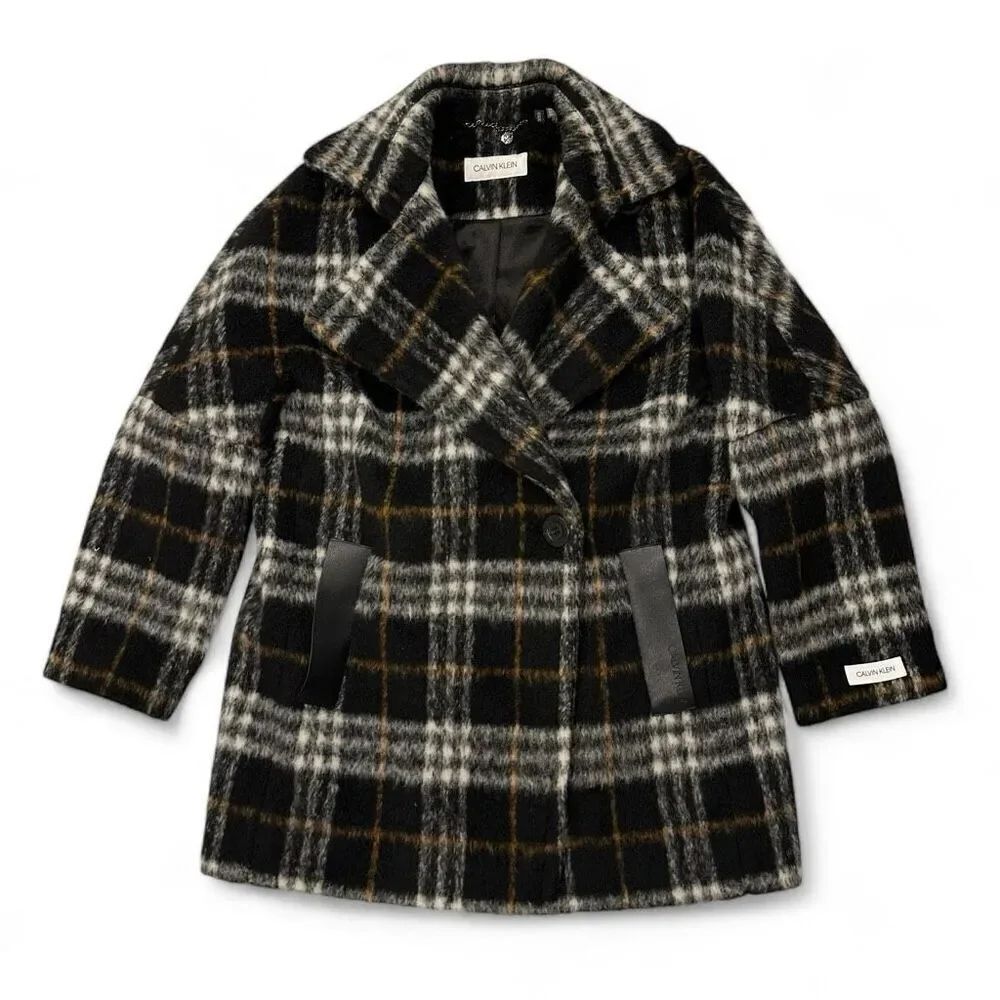 NWOT Calvin Klein Wool Blend Plaid Pea Coat Sz M Dark Academia Twee City Classic